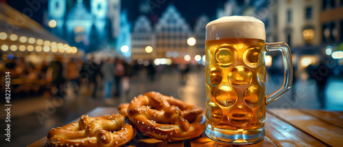 Night scene with pretzels and beer at outdoor market during Oktoberfest celebration in European town. Traditional food and drink with illuminated bokeh and historic city background photo