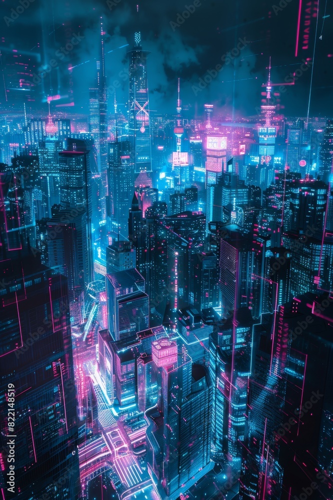 A panoramic cityscape at night, glowing with neon lights and holographic data streams, protected by a translucent digital shield, glitch art