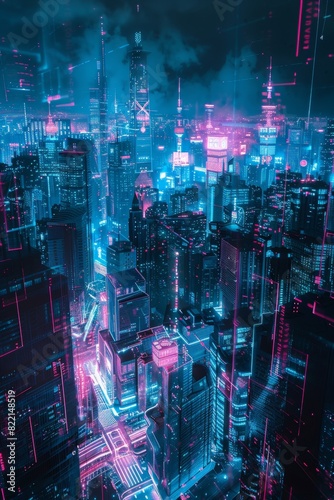 A panoramic cityscape at night, glowing with neon lights and holographic data streams, protected by a translucent digital shield, glitch art