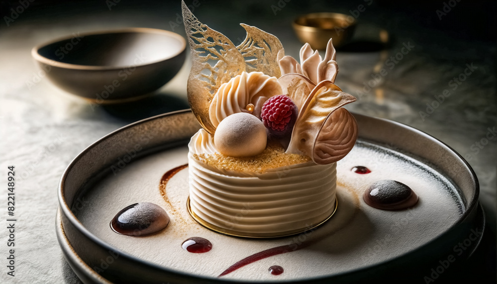 Polvere d'Oro- Dessert Gourmet con Coulis di Bacche e Decorazione Dorata