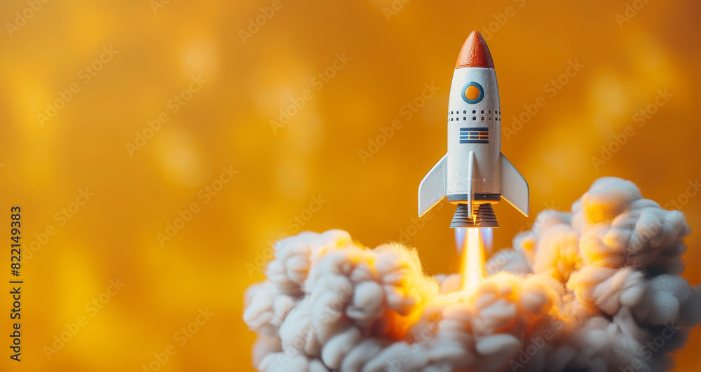 A model of a rocket taking off into the sky, launching vertically with