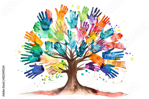 Tree with colorful children handprint for Culture Diversity Concept 