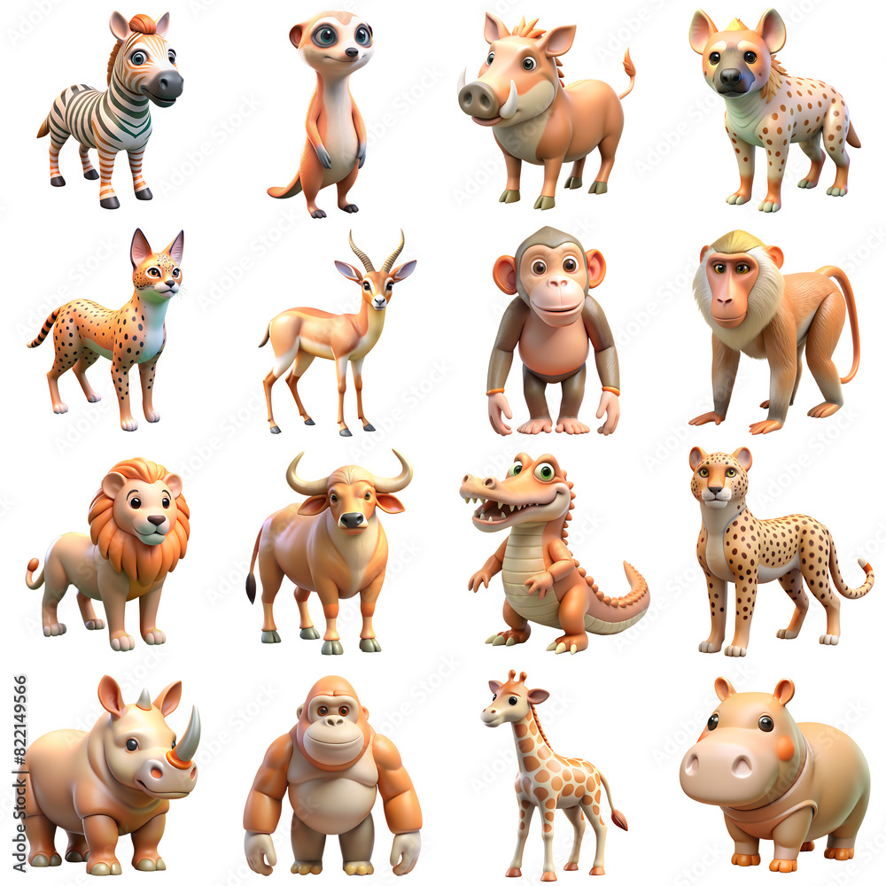 Fototapeta premium A set of 3D cartoon African animals, brightly colored and child-friendly, perfect for educational and entertainment uses.