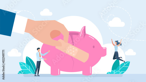 Broken piggy bank with money. Economic repair concept. Tiny business people trying to recover piggy bank. Money saving and bank business. Economic repair concept. Vector illustration