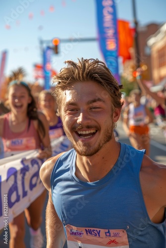 A runner triumphantly breaking through the finish line tape