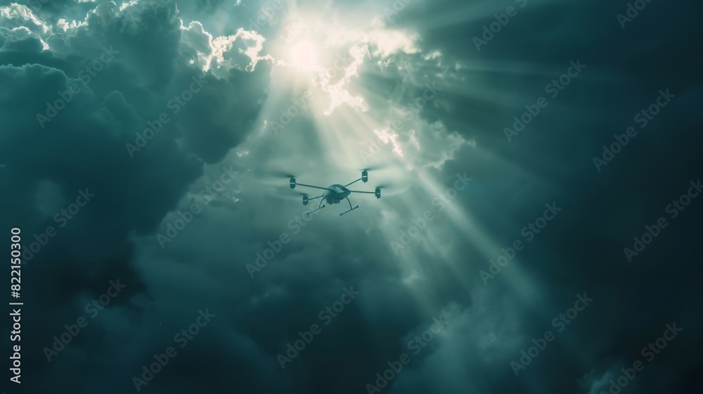 Naklejka premium A small tactical drone flying through a beam of sunlight breaking through thick clouds, symbolizing the search for clarity amidst chaos