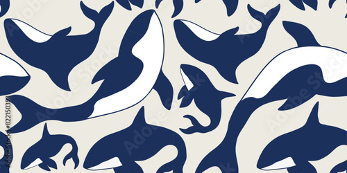 Seamless pattern with whales. Line art pattern for wallpaper, web page background, surface textures.
