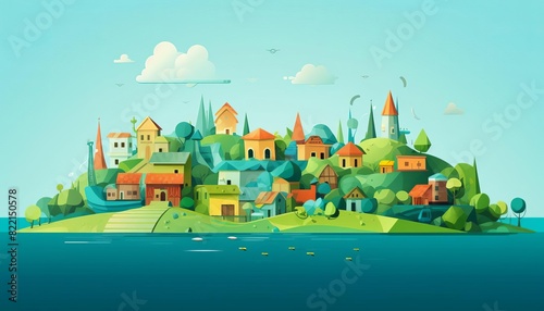 Cute cartoon illustration of a small village on an island with houses, trees, and a blue sky.
