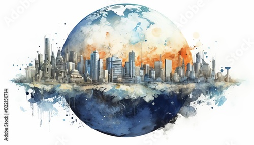 Watercolor painting of a cityscape on a globe, representing global urbanization. photo