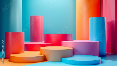 A creative podium illustration with a series of interconnected platforms in a dynamic composition. The backdrop is a solid color, emphasizing the product and creating a visually appealing