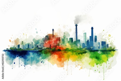 Watercolor painting of a city skyline with smoke coming from factories.