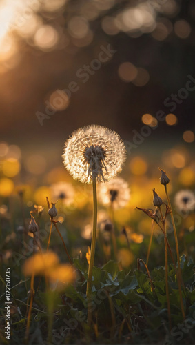 Tranquil Sunset Glow, Dandelions Dancing in the Golden Light
