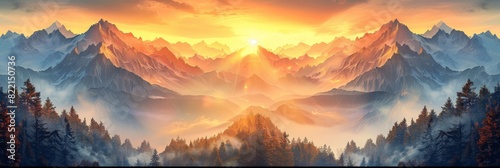 The sunrise over the mountains  a breathtaking panorama of majestic peaks against a backdrop of golden sunlight. 