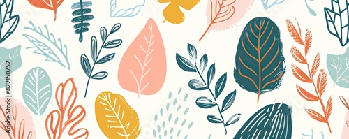 Abstract plant leaf art seamless pattern with colorful shapes and dots on a beige background