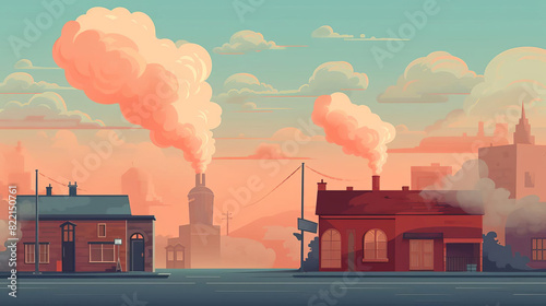 Create a digital painting of a small town with a factory in the background