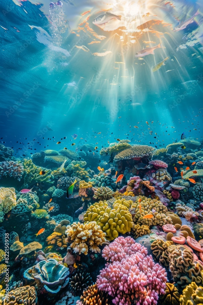 Naklejka premium A vibrant coral reef teeming with colorful fish, sunlight dappling through the crystal-clear water