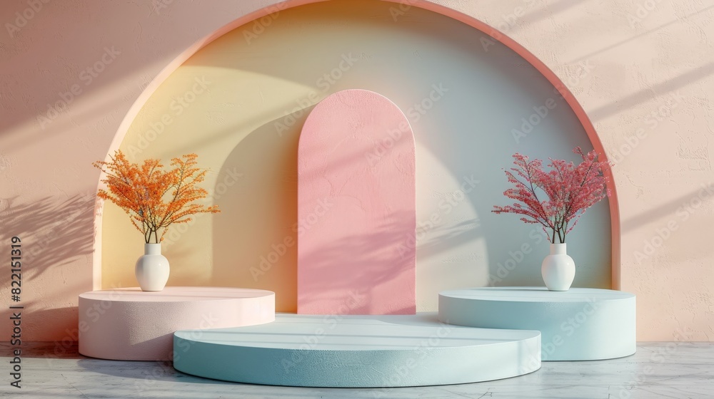 An elegant podium platform with a circular design, placed against a soft pastel background. The simplicity of the setup enhances the visual appeal of the product, making it perfect for advertising An elegant podium platform with a circular design, placed against a soft pastel background. The simplicity of the setup enhances the visual appeal of the product, making it perfect for advertising