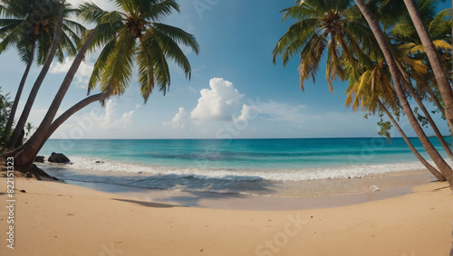 Tropical Paradise Banner, Sandy Beach and Palm Trees © xKas