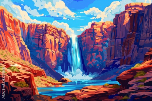 A waterfall plunging into a canyon in pop art style, stylized rock formations, vibrant water
