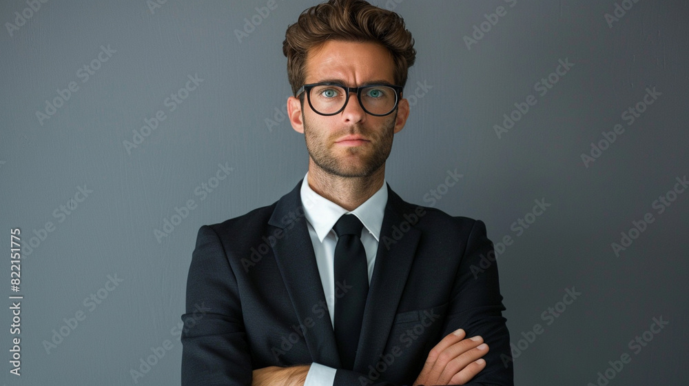 Handsome businessman in suit and glasses cross arms chest and look Handsome businessman in suit and glasses cross arms chest and look