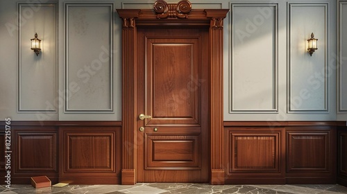 Picture a traditional wooden office door with decorative molding and a brass handle