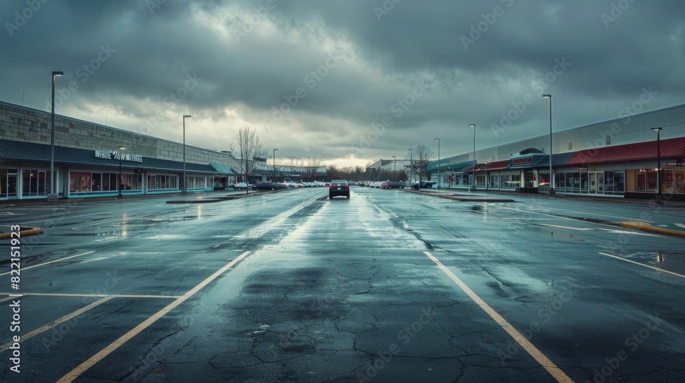 Empty parking lot under an overcast sky