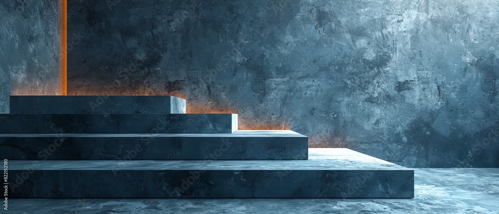 Modern abstract architecture with concrete steps and textured walls illuminated by soft orange light, creating a minimalist interior design. Modern abstract architecture with concrete steps and textured walls illuminated by soft orange light, creating a minimalist interior design.