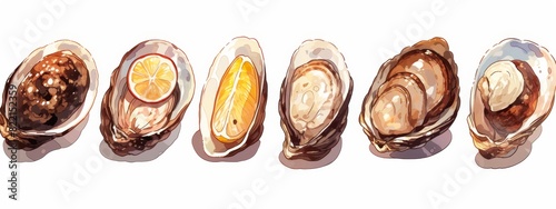 Open fresh shell raw molluscs delicious seafood shellfish collection, sea oysters fresh, isolated on white clean background.Fresh and Delicious Seafood Collection - Mouthwatering Oysters, Exquisite Sh