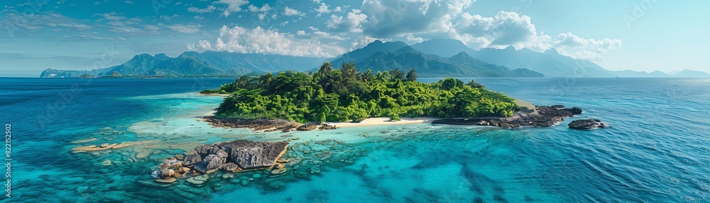 Aerial view of a lush island surrounded by clear blue waters and distant mountains, sunny day