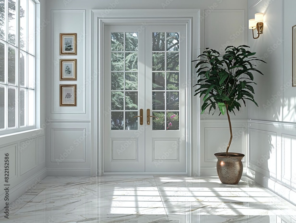 See a French office door with divided light glass panels and white wood framing See a French office door with divided light glass panels and white wood framing
