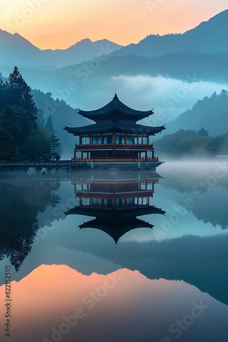 A serene lakeside temple at sunrise with misty mountains in the background, reflecting on the calm water