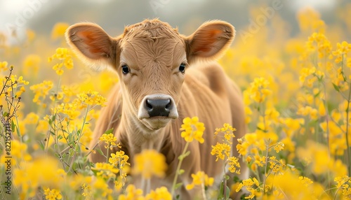 Closeup of a curious calf in a grassy field with yellow flowers, bright day