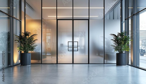See a frosted glass office door with a bold, black metal frame and matching handle