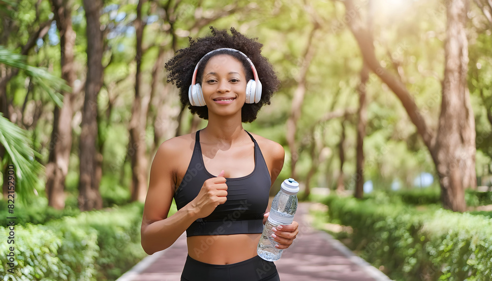 Woman Wearing Headphones Holding Water Bottle Woman Wearing Headphones Holding Water Bottle