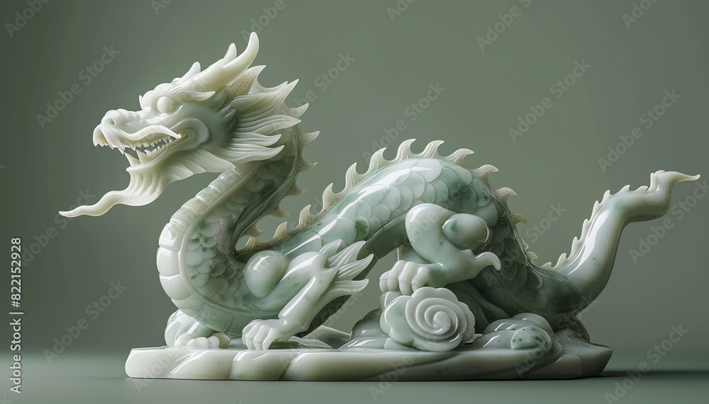 Fototapeta premium Elegant jade dragon sculpture against a solid green background, highlighting its intricate details