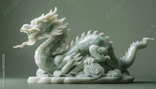 Elegant jade dragon sculpture against a solid green background, highlighting its intricate details