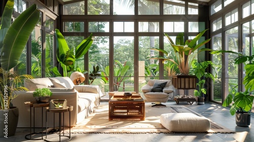 A sun-drenched conservatory with floor-to-ceiling windows  indoor plants and comfortable seating