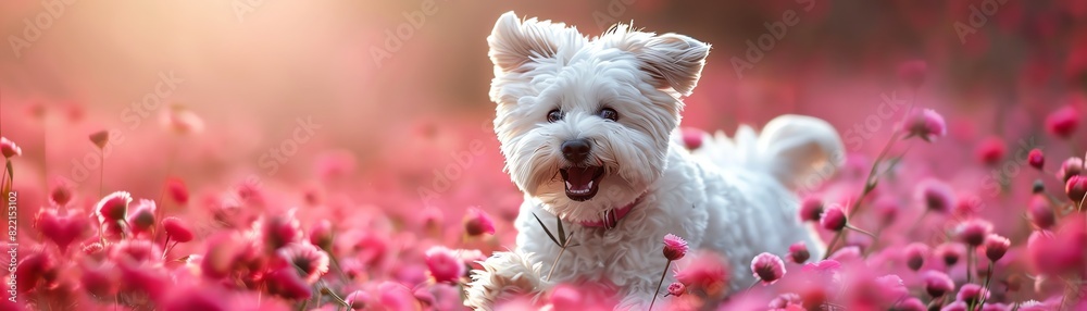 Happy white dog running through a field of pink flowers, joyful and playful, soft pink background Happy white dog running through a field of pink flowers, joyful and playful, soft pink background