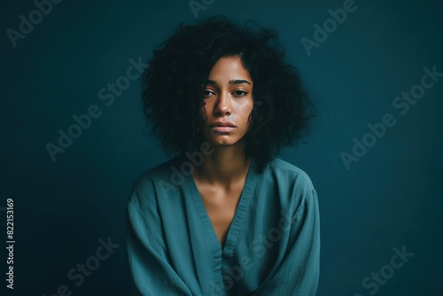 Turquoise background sad black independent powerful Woman. Portrait of young beautiful bad mood expression girl Isolated on Background racism skin color depression anxiety 