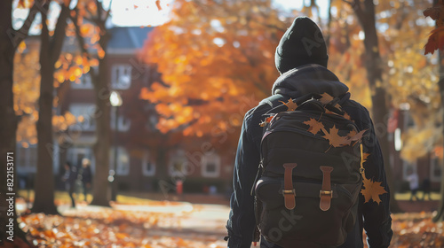 A young person with a backpack walks down a path in the fall.