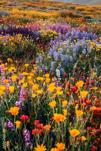 Aerial view of a vast field carpeted with colorful wildflowers, resembling a vibrant patchwork quilt