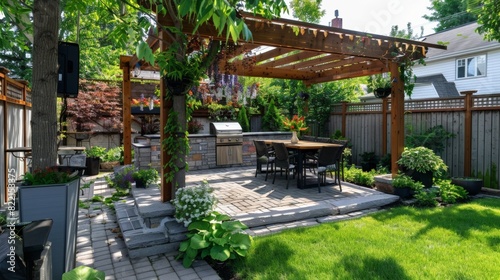 Backyard garden with a pergola-covered dining area, outdoor kitchen and vertical gardens