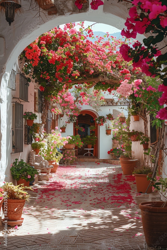 Sunlit archway with pink flowers and potted plants, peaceful and inviting, gentle natural light Sunlit archway with pink flowers and potted plants, peaceful and inviting, gentle natural light