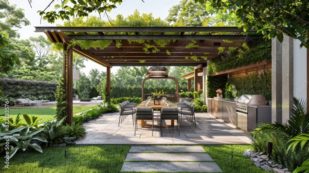 Backyard garden with a pergola-covered dining area, outdoor kitchen and vertical gardens Backyard garden with a pergola-covered dining area, outdoor kitchen and vertical gardens