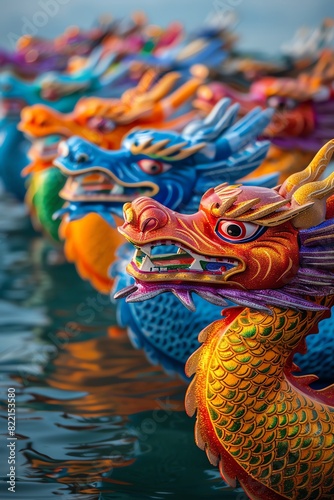 Vibrant dragon boat heads lined up on the water, ready for a race