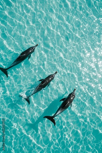 Aerial view of dolphins leaping playfully in crystal-clear water