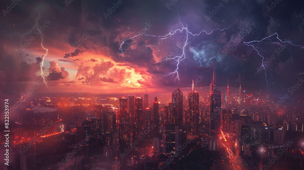 A city aglow with lights against a backdrop of lightning-filled skies, capturing the dramatic clash of urban illumination and natural forces.