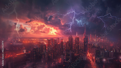 A city aglow with lights against a backdrop of lightning-filled skies  capturing the dramatic clash of urban illumination and natural forces.