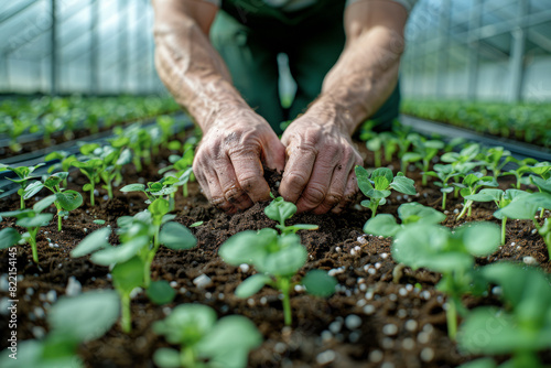 Farmer's hands interlock with soil, seedlings rise in greenhouse, human-earth connection under diffused sunlight, ideal for sustainable agriculture articles