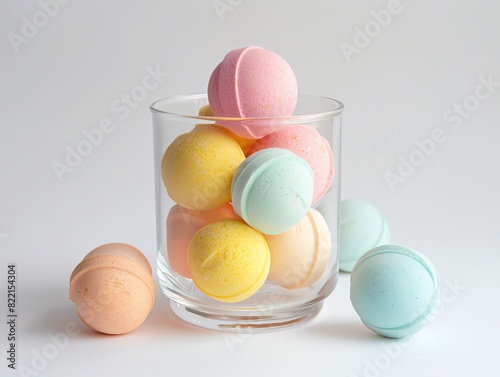 A set of colorful, floralscented bath bombs in a clear glass jar photo